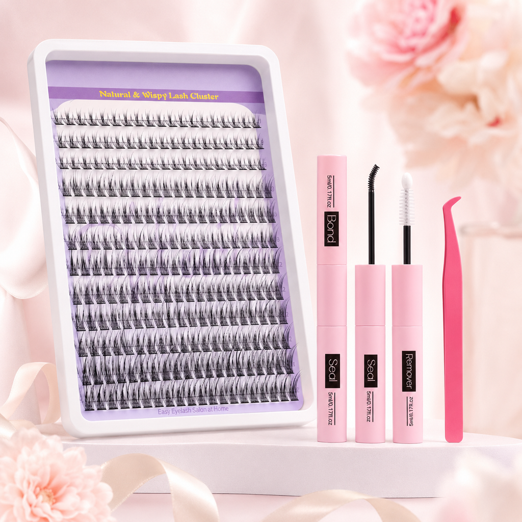 Natural Lash Clusters Kit Wispy Cluster Eyelash Extensions Kit 240 pcs Individual Lashes 9-14 mm DIY Lash Extension Kit with Lash Glue Bond and Seal and Eyelash Clusters Tweezers